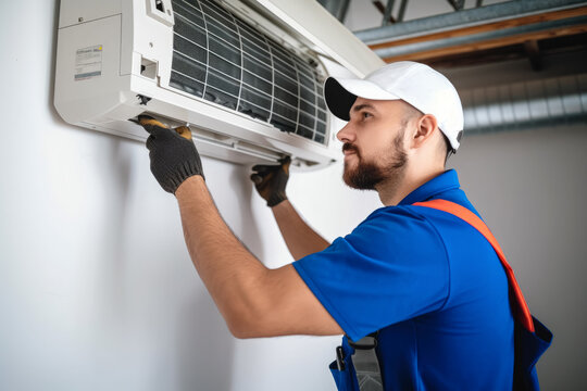 HVAC technician installing a mini split air conditioner in San Carlos