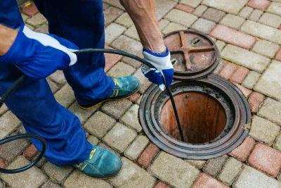 Plumber cleaning an outdoor sewer drain in San Carlos