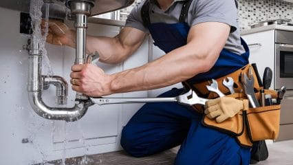 Plumber repairing pipes beneath a sink in San Carlos